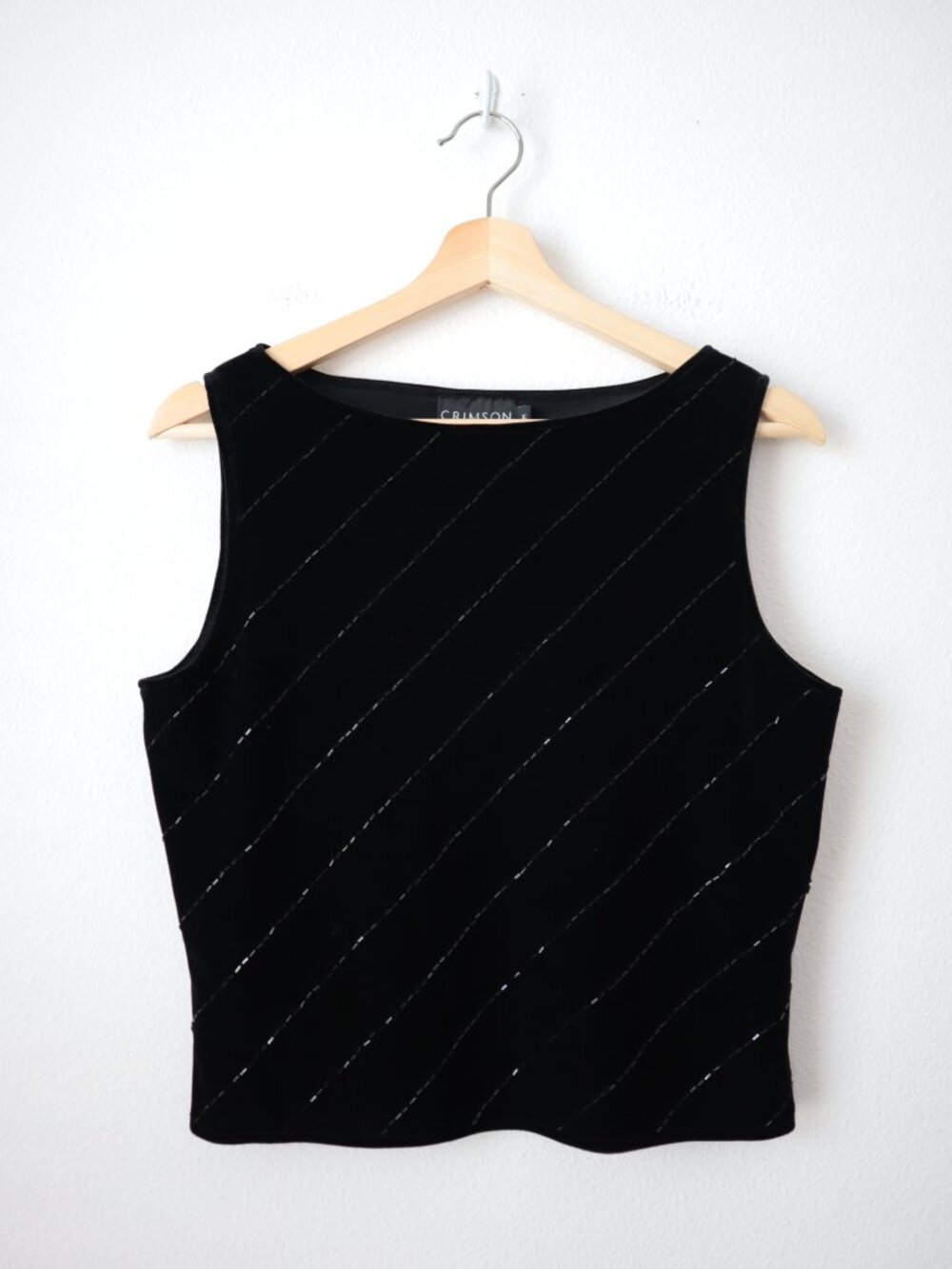 Vintage 90s Crimson Velvet Beaded Boatneck Shell Top | M